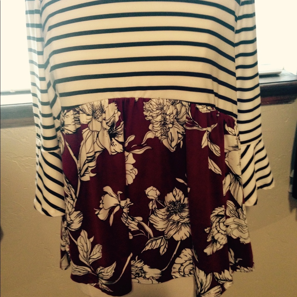 Black & white stripe top. Maroon floral bottom.
